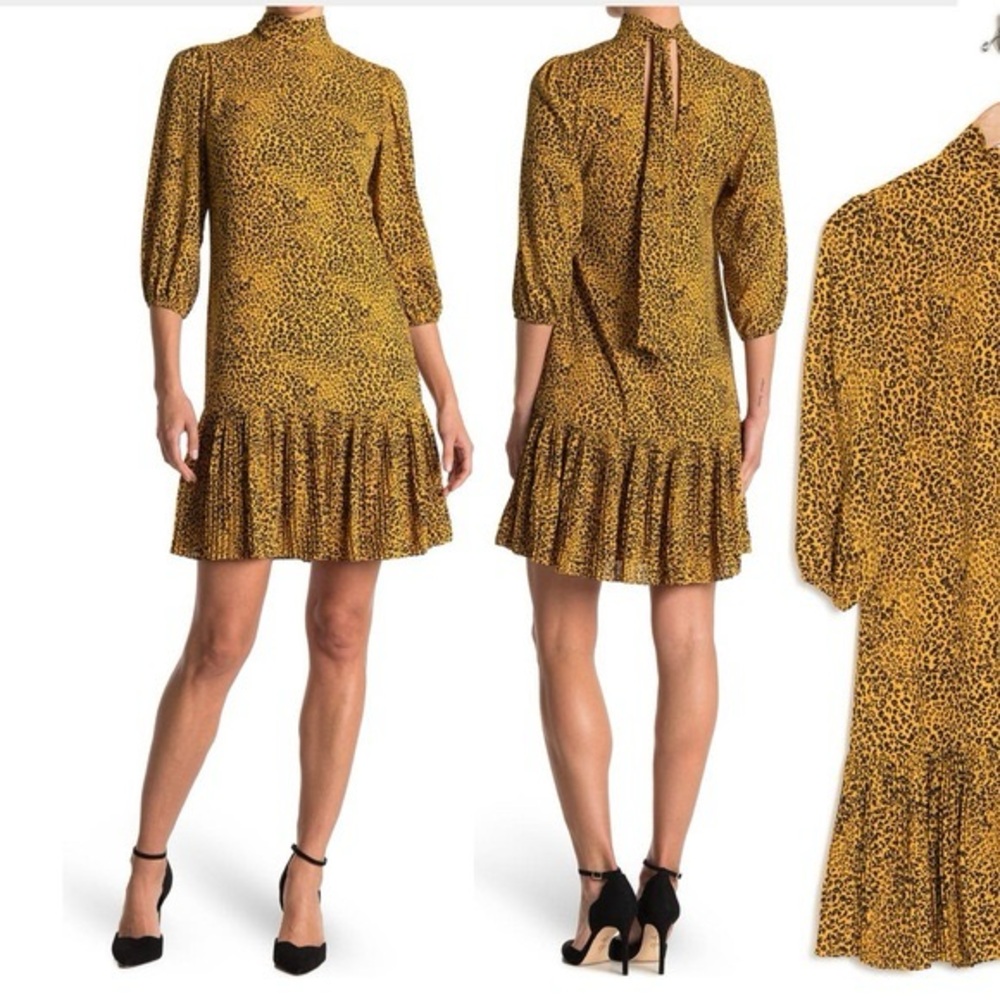 Nanette Lepore Drop Waist Pleated Hem Cheetah Print Dress in Black & Gold Sz 14